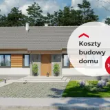 Nowoczesny dom jednorodzinny z podjazdem i ogrodem. Na zdjęciu widnieje napis "Koszty budowy domu 100 m²".