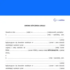 Formularz umowy użyczenia lokalu, zawierający pola do wpisania danych stron, daty i miejsca zawarcia umowy.