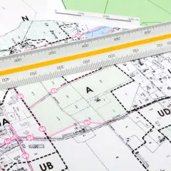 Plan zagospodarowania przestrzennego z naniesionymi strefami i podziałami. Linijka geodezyjna pomaga w precyzyjnych pomiarach.