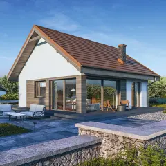 Nowoczesny dom 70m2 bez pozwolenia z dużymi oknami i tarasem. Idealny dla rodziny szukającej komfortu i funkcjonalności.