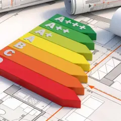 Kolorowy wskaźnik klasa energetyczna od D do A+++ leży na planach architektonicznych.
