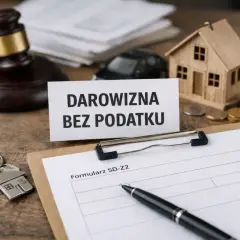 Kiedy nie trzeba zgłaszać darowizny do urzędu skarbowego? Na stole leżą klucze, model domu, monety, młotek sędziowski i formularz SD-Z2.