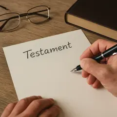 Ręka pisze piórem na papierze słowo "Testament". Obok leżą okulary i gruba księga. To pierwszy krok, jak napisać testament.