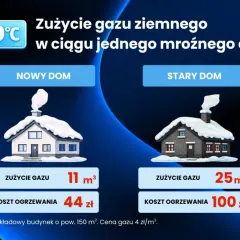 W mroźny dzień przy -10°C, nowy dom zużywa 11 m³ gazu, kosztując 44 zł. Stary dom potrzebuje 25 m³, co daje 100 zł. Sprawdź, ile kosztuje metr sześcienny gazu!