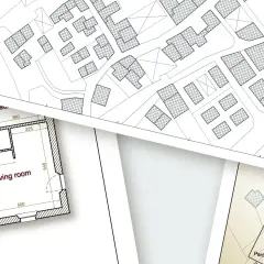 Nakładające się plany budynków i działek. Widoczna mapa zasadnicza z zaznaczonymi domami i fragmentem rzutu mieszkania z wymiarami.