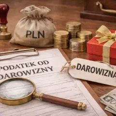 Dokument "Podatek od darowizny" obok prezentu, monet i worka z napisem PLN. Warto wiedzieć o podatku od darowizny w rodzinie.