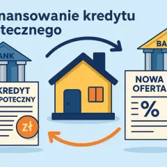 Ilustracja pokazuje proces refinansowania kredytu hipotecznego. Dom symbolizuje posiadanie nieruchomości, a strzałki pokazują przejście od starej oferty bankowej do nowej, korzystniejszej.