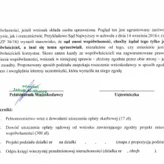 Dokument prawny dotyczący zniesienia współwłasności, z podpisami pełnomocnika i uczestniczki, oraz listą załączników.