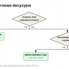 Drzewo decyzyjne pomaga wybrać mapę: zasadniczą, ewidencyjną lub topograficzną, zależnie od potrzeb.