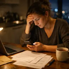 Zmartwiona kobieta przy biurku, z ręką na czole, przegląda coś na telefonie. Obok laptop, dokumenty i kubek herbaty. Sd-z2.