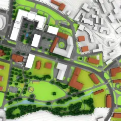 Projekt zagospodarowania przestrzennego: nowoczesne budynki, tereny zielone, jezioro i drogi tworzą spójną całość.