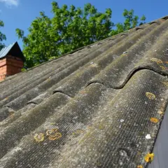 Pokryty mchem i porostami dach z eternitu, z widocznym kominem.