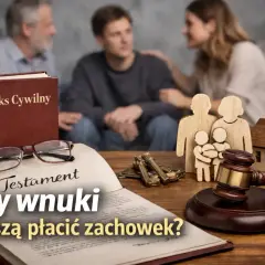 Na stole leży testament, obok Kodeks Cywilny, okulary, klucze, młotek sędziowski i figurki rodziny. W tle rodzina.