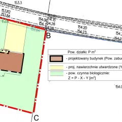 Plan działki z zaznaczonym projektowanym budynkiem i jego powierzchnią zabudowy. Wskazane warunki zabudowy.