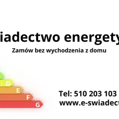 Grafika przedstawia skalę klas energetycznych budynków od A do G oraz tekst "Świadectwo energetyczne".