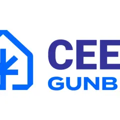 Logo CEEB GUNB - Centralna ewidencja emisyjności budynków. Symbol domu z symbolem energii.