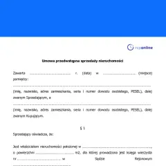 Umowa przedwstępna sprzedaży nieruchomości. Dokument zawiera dane sprzedającego i kupującego oraz oświadczenie sprzedającego o prawie własności.