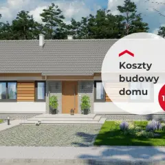 Nowoczesny dom jednorodzinny z podjazdem i ogrodem. Na zdjęciu widnieje napis "Koszty budowy domu 100 m²".