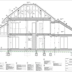 Plany na budowę domu: przekrój architektoniczny z detalami konstrukcyjnymi i materiałowymi.