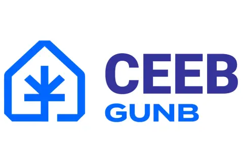 Logo CEEB GUNB - Centralna ewidencja emisyjności budynków. Symbol domu z symbolem energii.