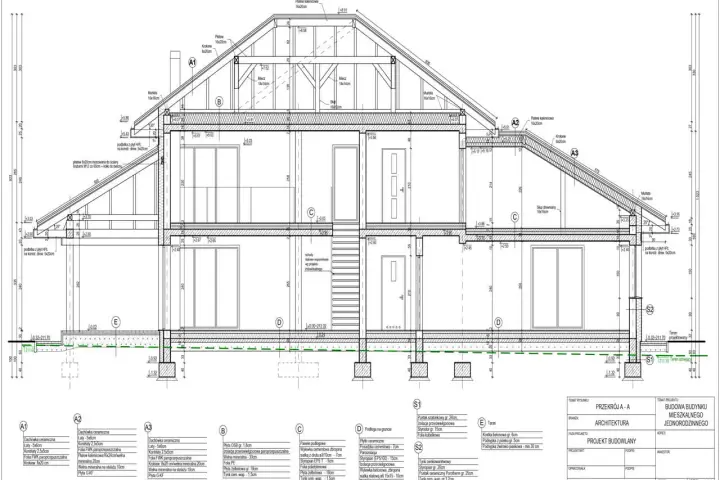 Plany na budowę domu: przekrój architektoniczny z detalami konstrukcyjnymi i materiałowymi.