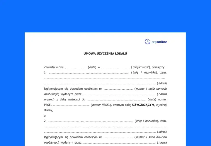 Formularz umowy użyczenia lokalu, zawierający pola do wpisania danych stron, daty i miejsca zawarcia umowy.