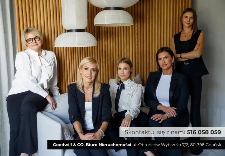 Pięć kobiet w eleganckich strojach, symbolizujących profesjonalizm i dziedziczenie doświadczenia w branży nieruchomości.