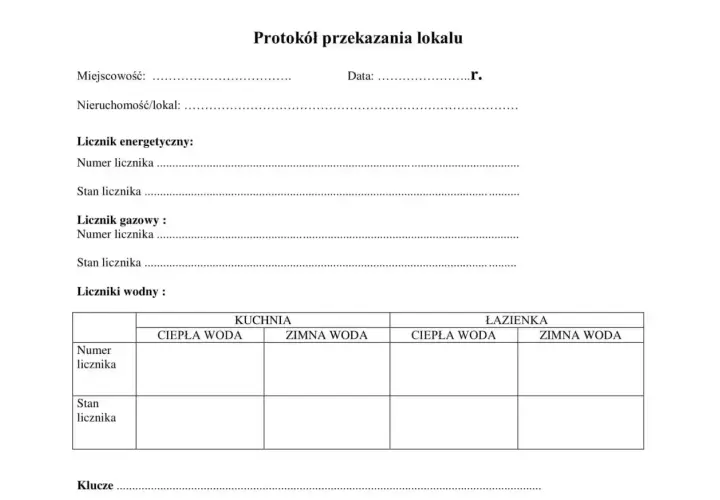 Fragment protokołu przekazania lokalu z polami do wpisania danych liczników i kluczy.