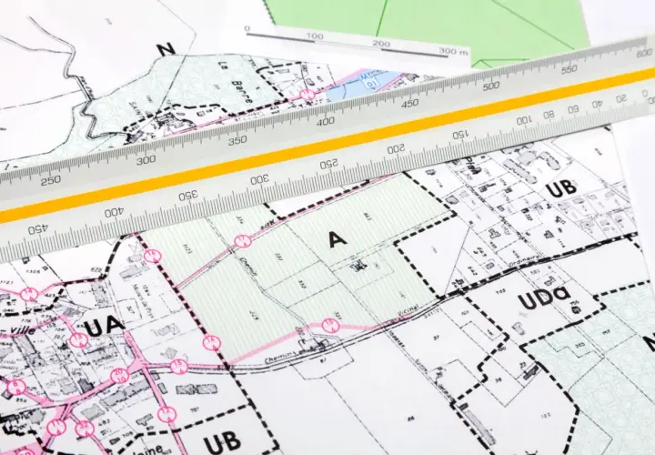 Plan zagospodarowania przestrzennego z naniesionymi strefami i podziałami. Linijka geodezyjna pomaga w precyzyjnych pomiarach.