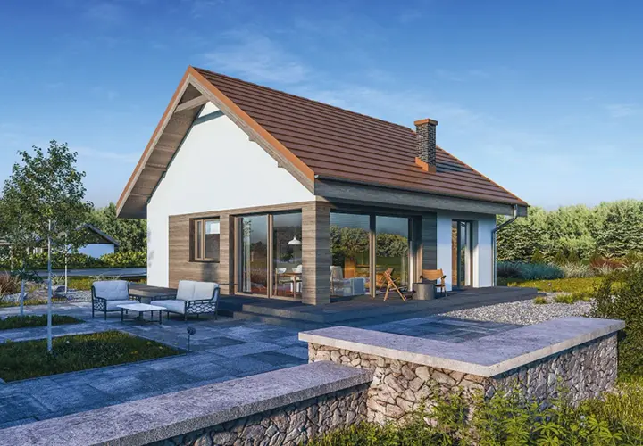 Nowoczesny dom 70m2 bez pozwolenia z dużymi oknami i tarasem. Idealny dla rodziny szukającej komfortu i funkcjonalności.