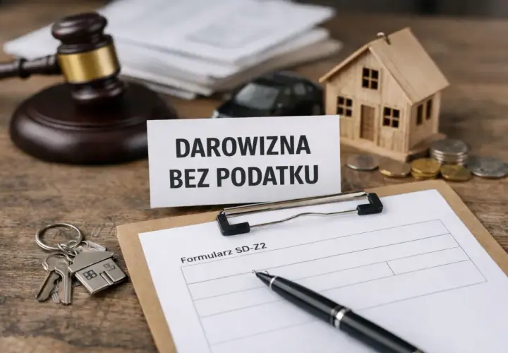 Kiedy nie trzeba zgłaszać darowizny do urzędu skarbowego? Na stole leżą klucze, model domu, monety, młotek sędziowski i formularz SD-Z2.