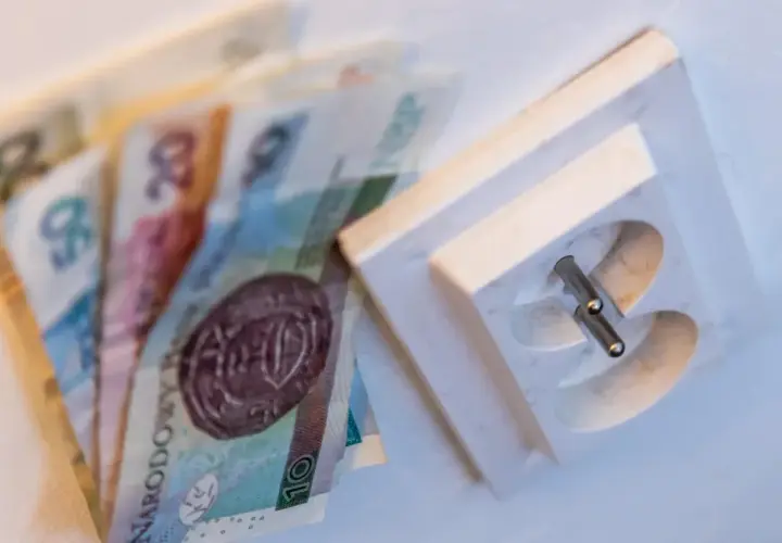 Pieniądze leżą obok gniazdka elektrycznego, symbolizując wysoki rachunek za prąd.