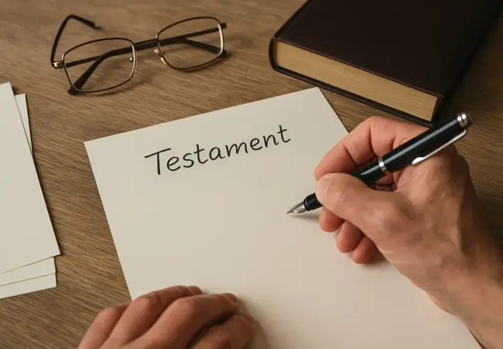 Ręka pisze piórem na papierze słowo "Testament". Obok leżą okulary i gruba księga. To pierwszy krok, jak napisać testament.