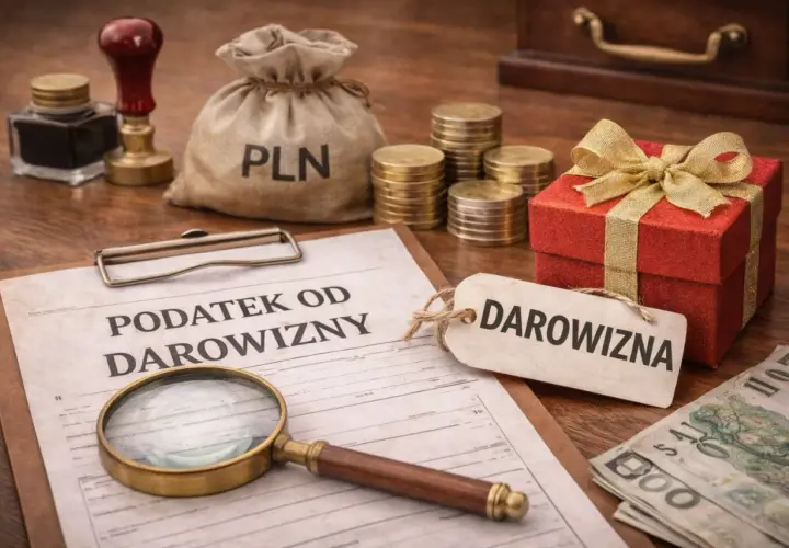 Dokument "Podatek od darowizny" obok prezentu, monet i worka z napisem PLN. Warto wiedzieć o podatku od darowizny w rodzinie.