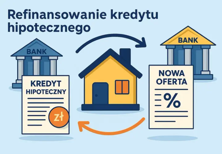 Ilustracja pokazuje proces refinansowania kredytu hipotecznego. Dom symbolizuje posiadanie nieruchomości, a strzałki pokazują przejście od starej oferty bankowej do nowej, korzystniejszej.