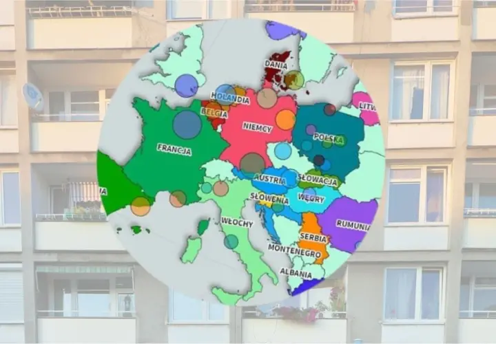Mapa Europy z zaznaczonymi krajami i okręgami, pokazująca ceny nieruchomości.