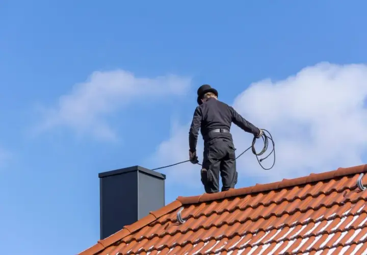 Kominiarz w cylindrze wykonuje przegląd kominiarski na dachu.
