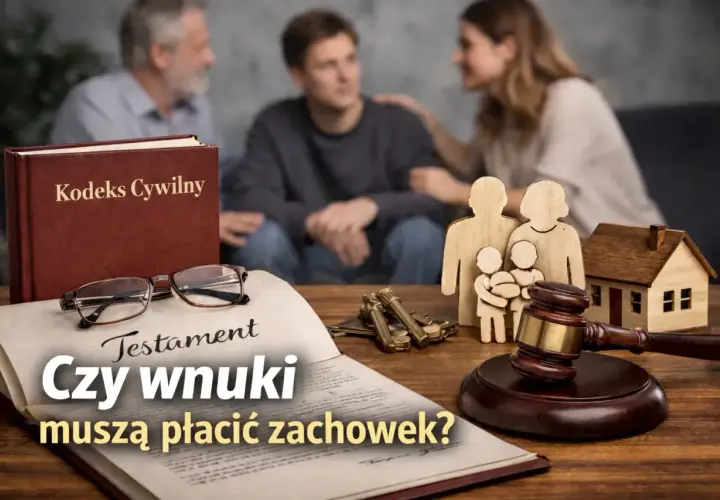 Na stole leży testament, obok Kodeks Cywilny, okulary, klucze, młotek sędziowski i figurki rodziny. W tle rodzina.
