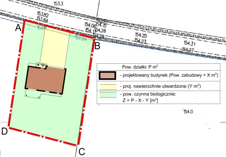 Plan działki z zaznaczonym projektowanym budynkiem i jego powierzchnią zabudowy. Wskazane warunki zabudowy.