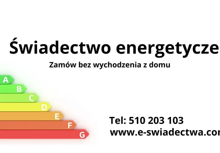Grafika przedstawia skalę klas energetycznych budynków od A do G oraz tekst "Świadectwo energetyczne".