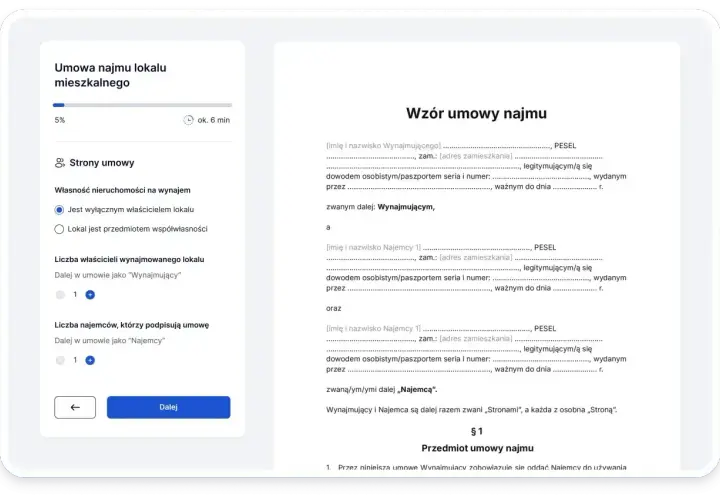 Formularz umowy najmu lokalu mieszkalnego, gdzie można określić dane wynajmującego i najemcy.