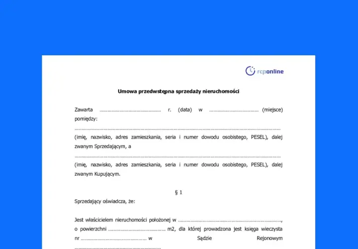 Umowa przedwstępna sprzedaży nieruchomości. Dokument zawiera dane sprzedającego i kupującego oraz oświadczenie sprzedającego o prawie własności.