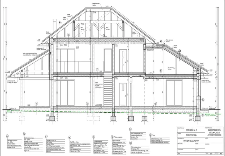 Plany na budowę domu: przekrój architektoniczny z detalami konstrukcyjnymi i materiałowymi.