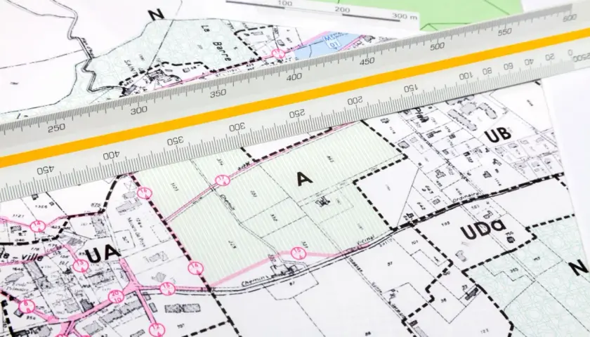 Plan zagospodarowania przestrzennego z naniesionymi strefami i podziałami. Linijka geodezyjna pomaga w precyzyjnych pomiarach.