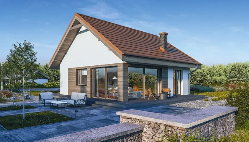Nowoczesny dom 70m2 bez pozwolenia z dużymi oknami i tarasem. Idealny dla rodziny szukającej komfortu i funkcjonalności.