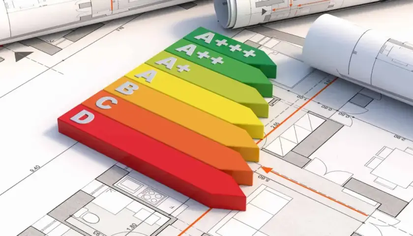 Kolorowy wskaźnik klasa energetyczna od D do A+++ leży na planach architektonicznych.