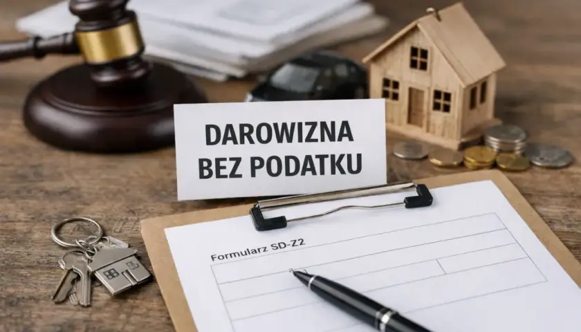 Kiedy nie trzeba zgłaszać darowizny do urzędu skarbowego? Na stole leżą klucze, model domu, monety, młotek sędziowski i formularz SD-Z2.