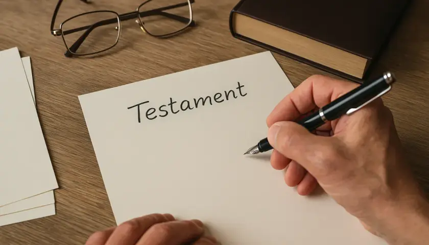 Ręka pisze piórem na papierze słowo "Testament". Obok leżą okulary i gruba księga. To pierwszy krok, jak napisać testament.