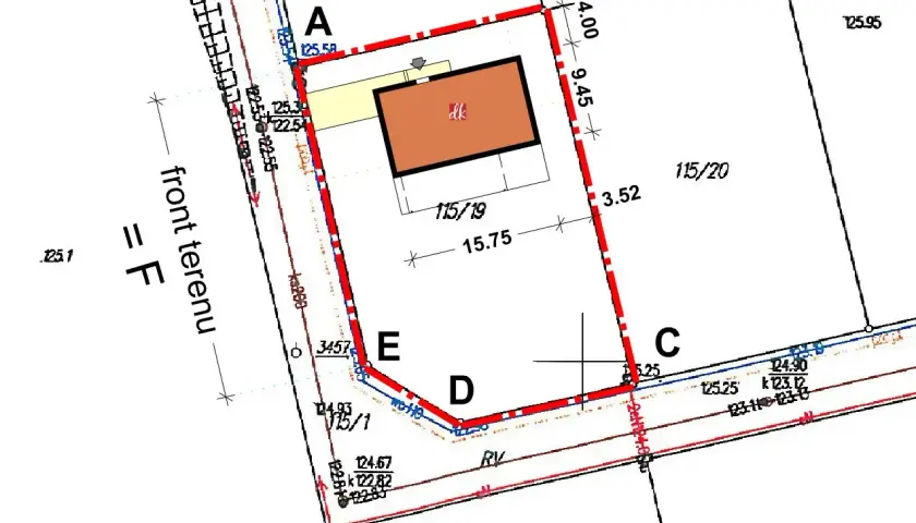 Mapa działki z zaznaczonym budynkiem i wymiarami, stanowiąca część wniosku o warunki zabudowy.