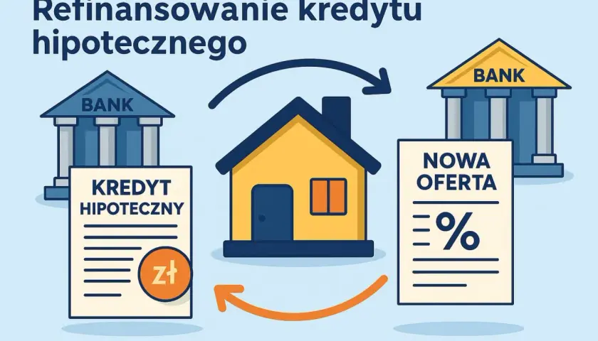 Ilustracja pokazuje proces refinansowania kredytu hipotecznego. Dom symbolizuje posiadanie nieruchomości, a strzałki pokazują przejście od starej oferty bankowej do nowej, korzystniejszej.
